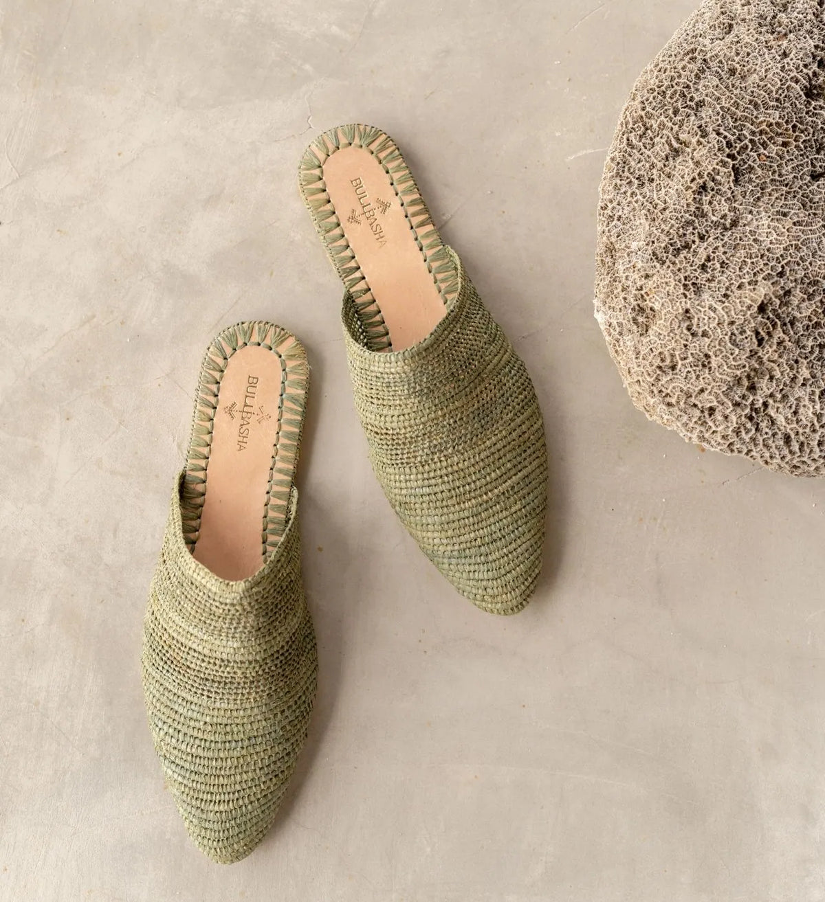 Babouche Tayri Green, sustainable, handmade sandals made from natural materials by Bulibasha